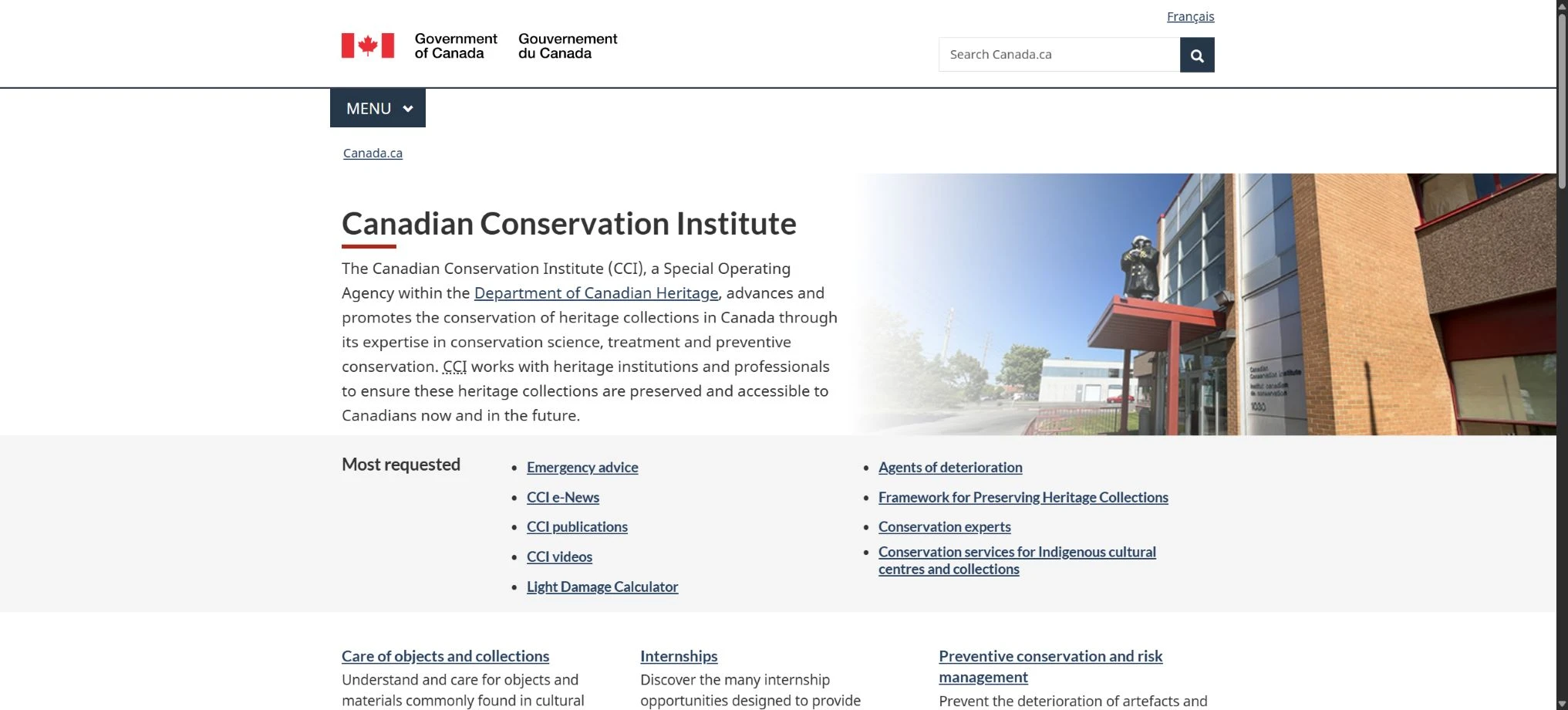 Canadian Conservation Institute landing page within the Government of Canada design system.