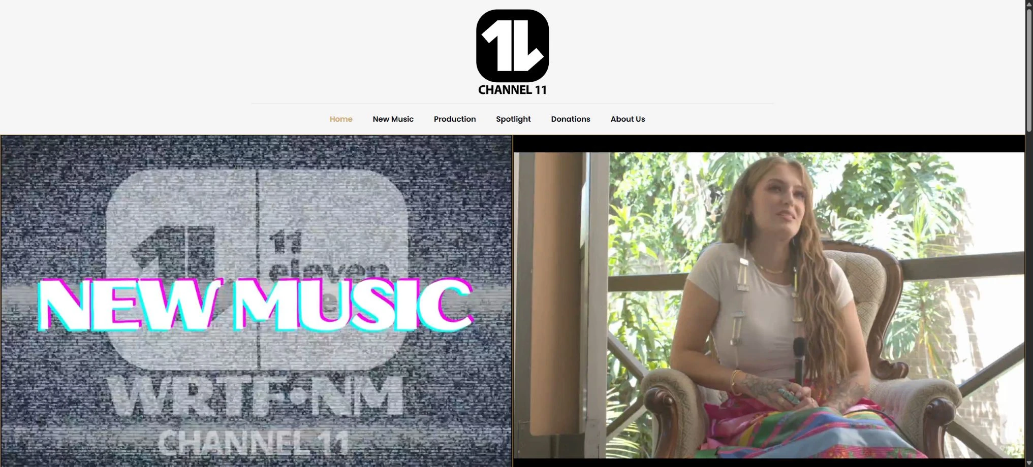 CHANNEL 11 website with a bold monochrome identity and colourful music features.