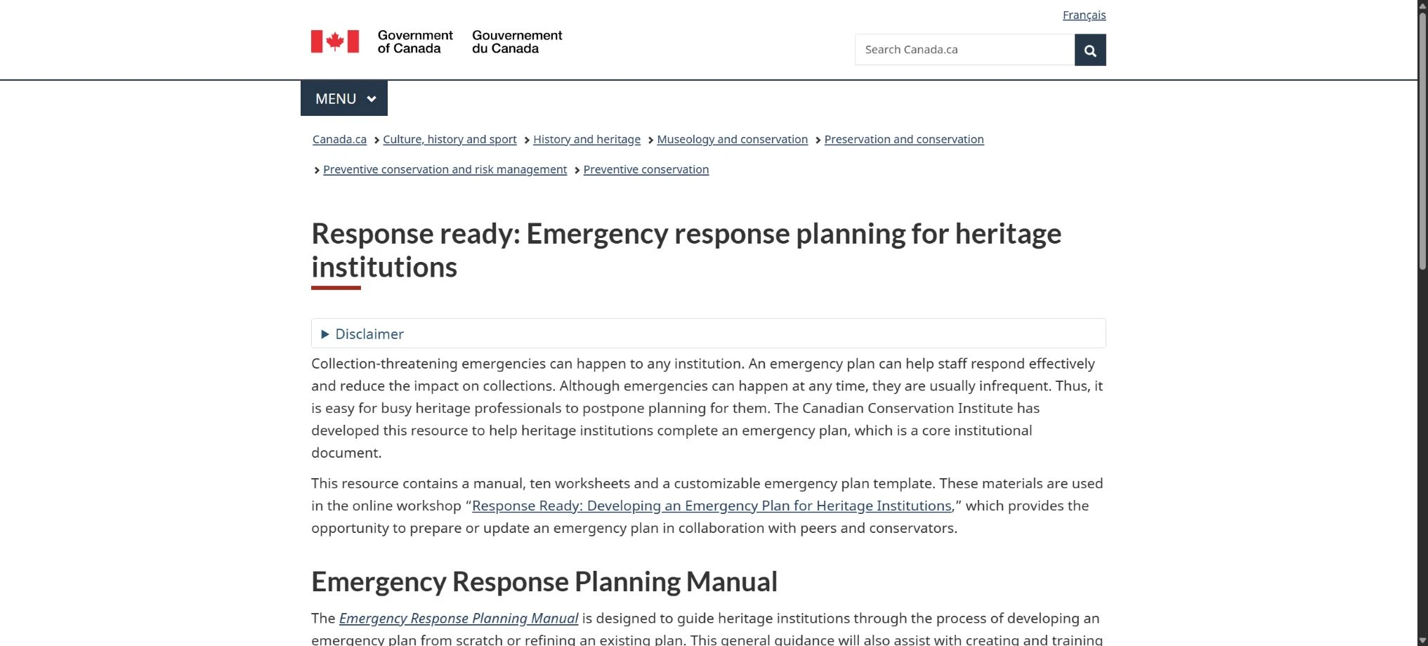 Response ready landing page linking to the emergency planning manual, worksheets and plan template.