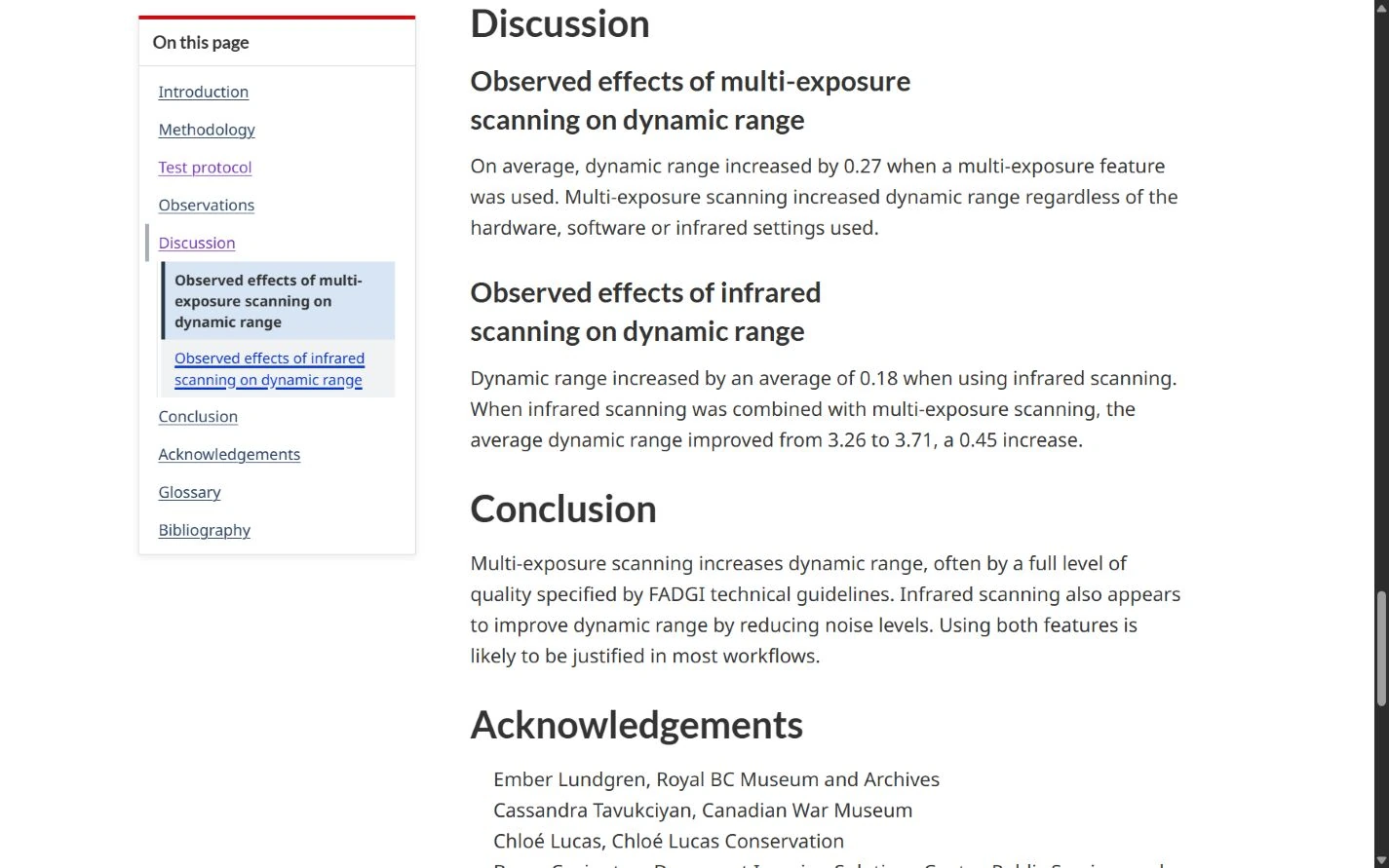 GCDS prototype with a persistent On this page sidebar, an expanded Discussion branch and the active subsection highlighted beside the report.