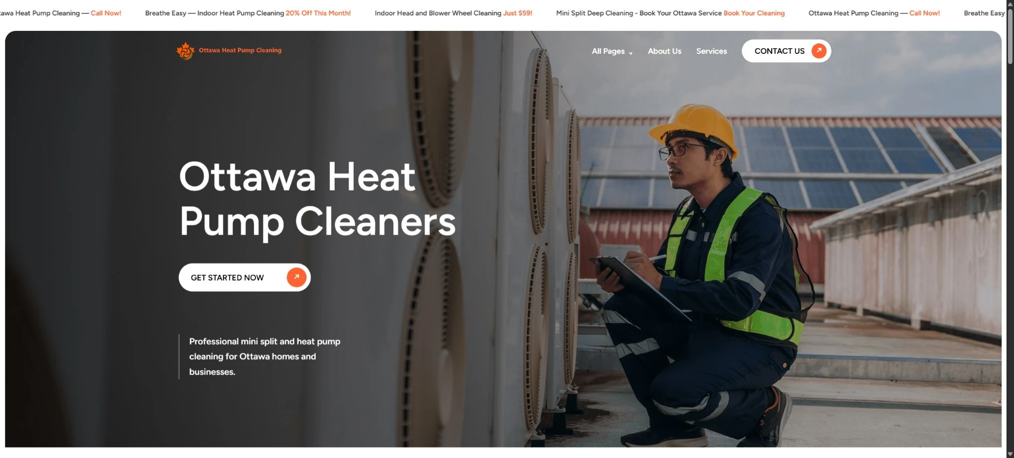 Ottawa Heat Pump Cleaning website with a technician photograph, a large service headline and orange booking accents.