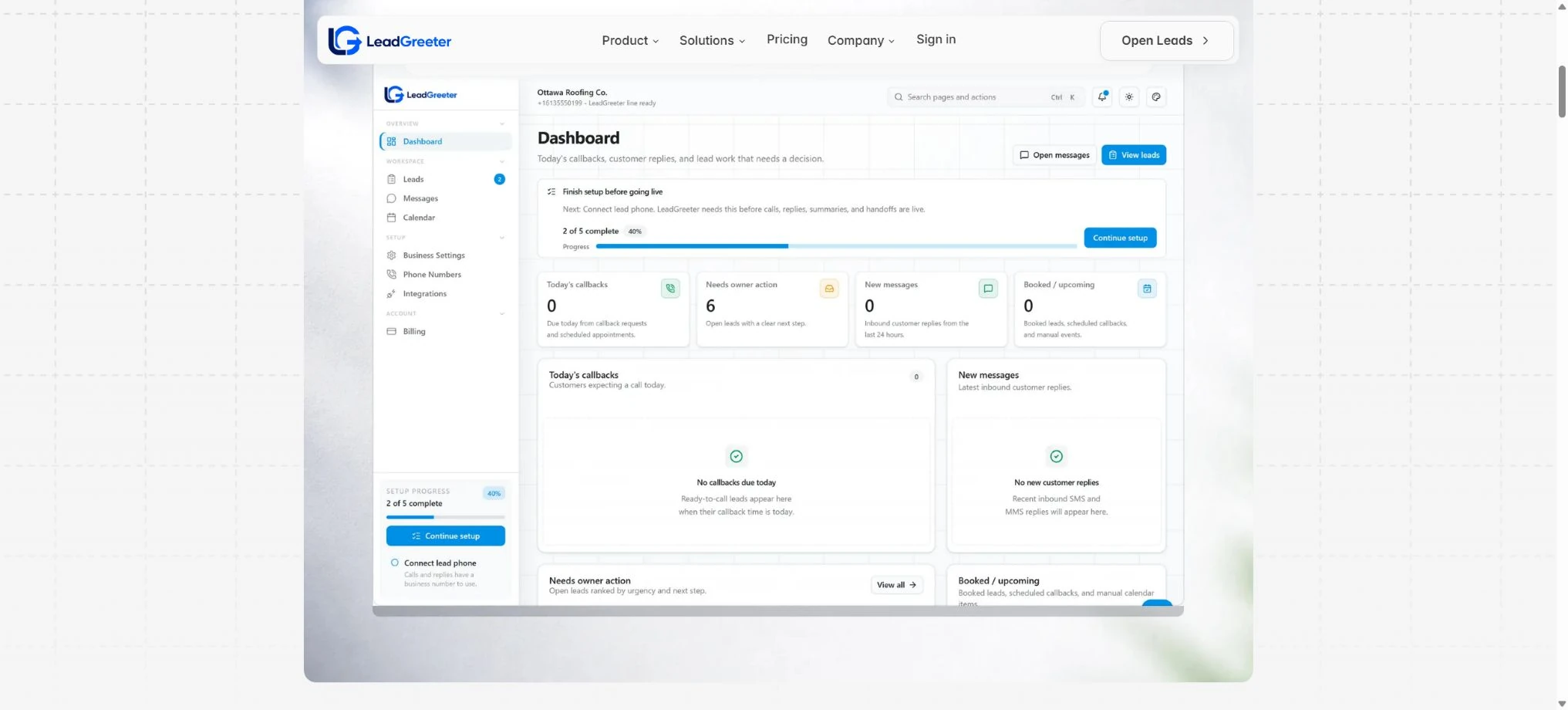 Published LeadGreeter dashboard preview with setup progress, callbacks, messages and owner actions.