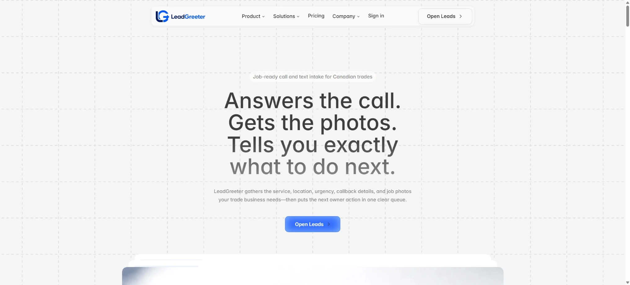 LeadGreeter website with a blue identity, a light grid background and a clear call-intake product message.
