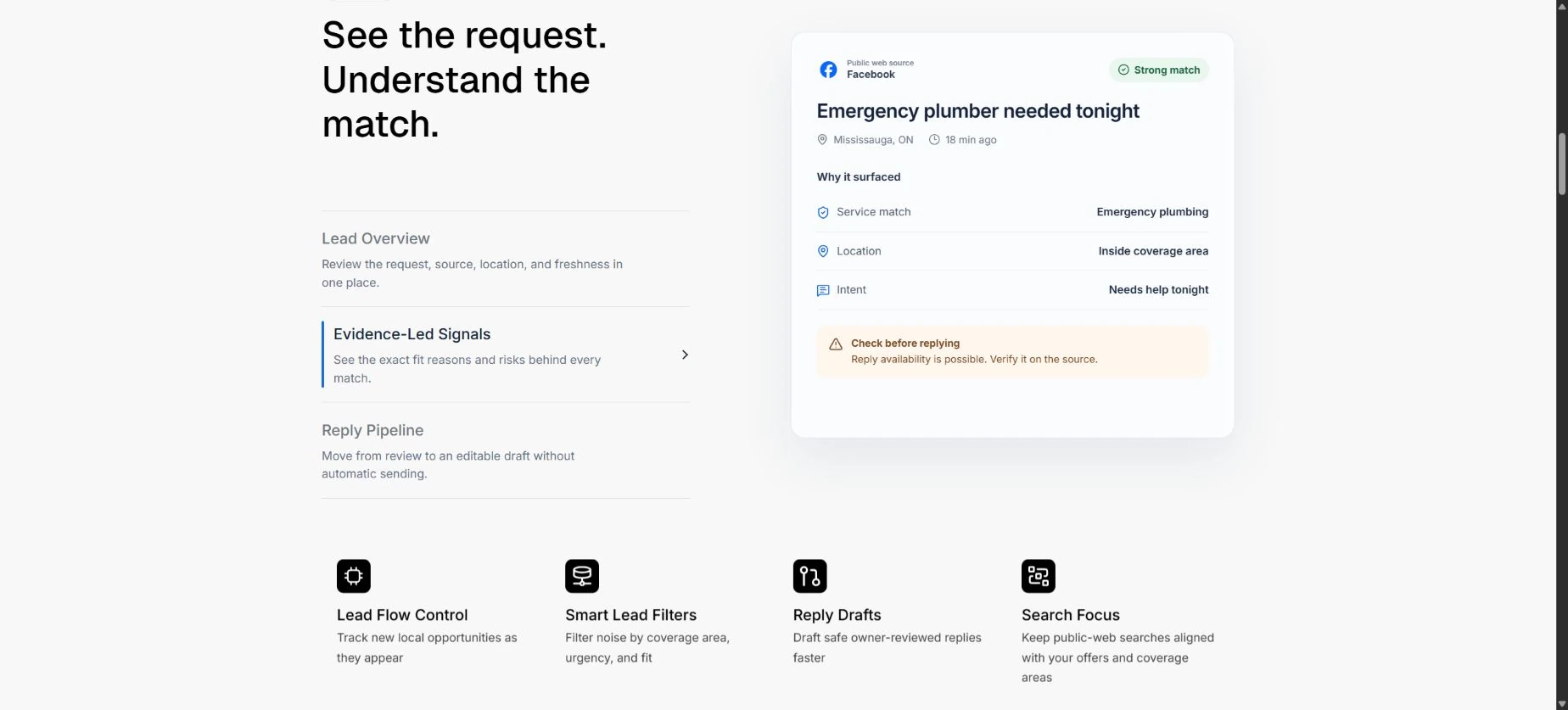 Local Lead Seeker feature view explaining a request’s service match, location and intent.
