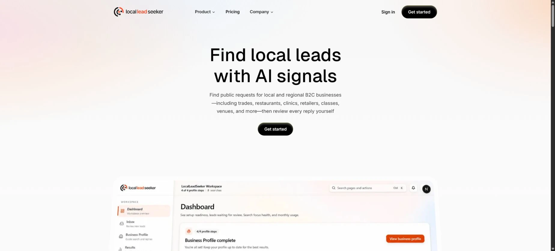 Local Lead Seeker website with warm orange accents, a concise product headline and a dashboard preview.
