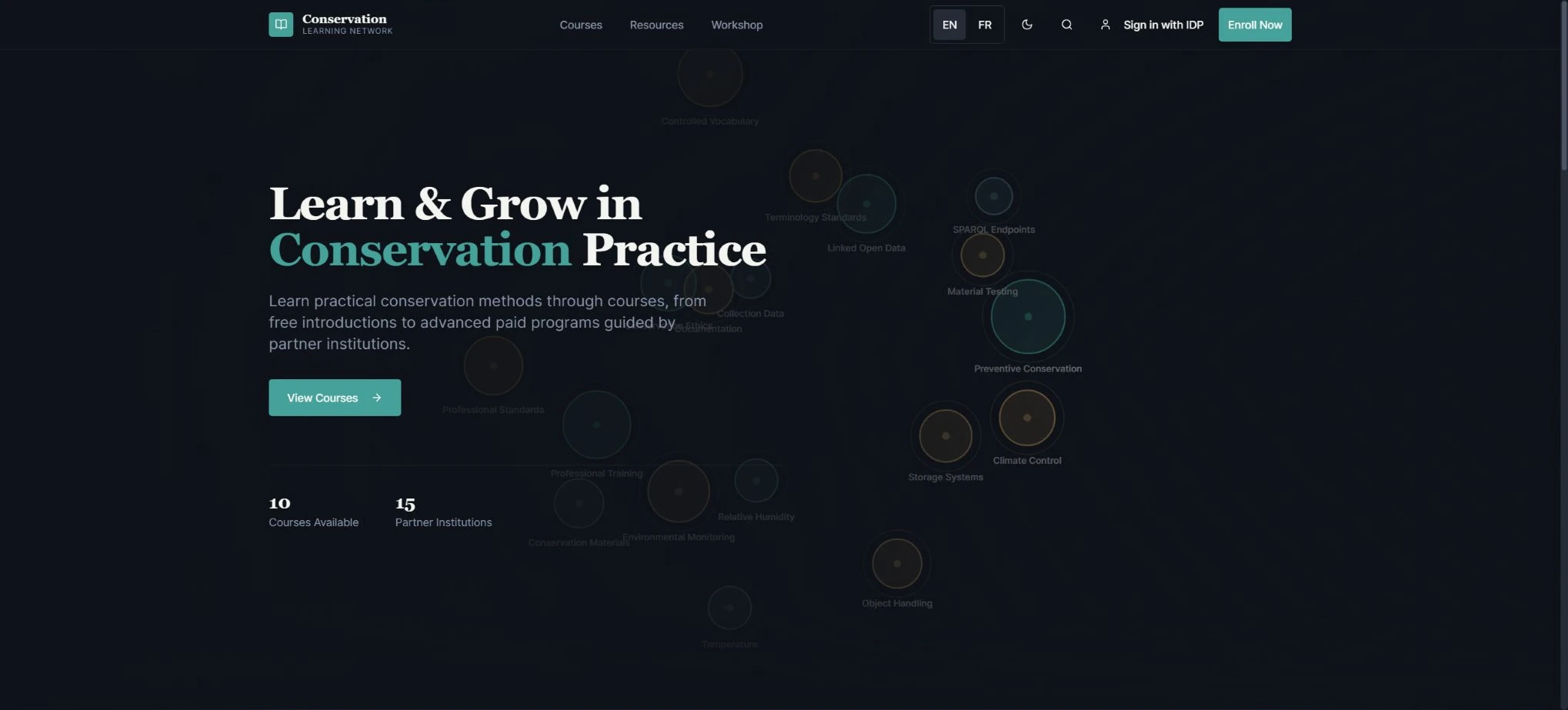 Conservation Learning Network interface with teal accents, a serif headline and course navigation.