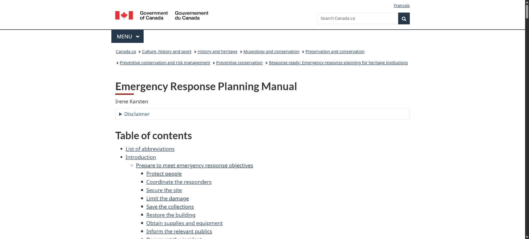 Emergency Response Planning Manual with a linked table of contents.