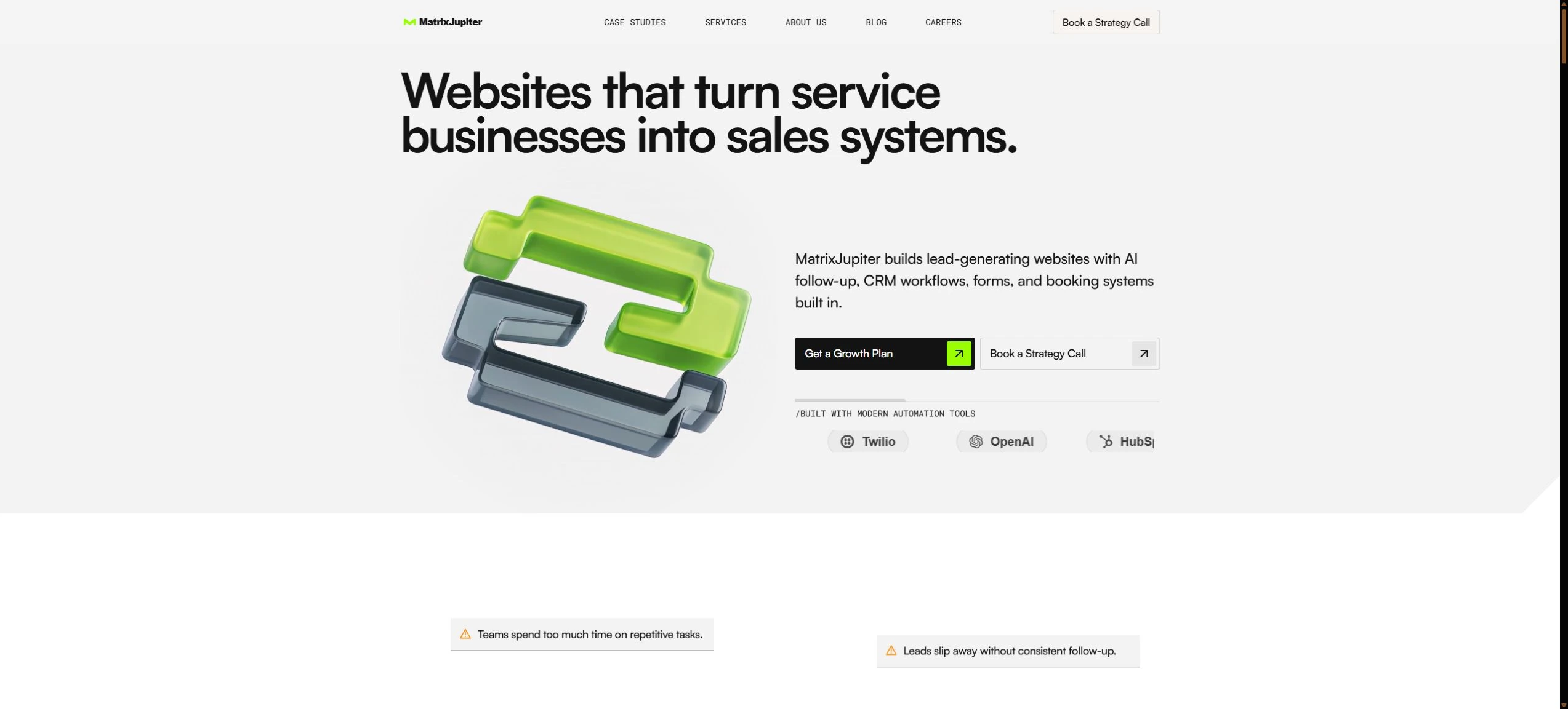 Matrix Jupiter website with a bold black headline, bright green brand accents and dimensional interlocking forms.
