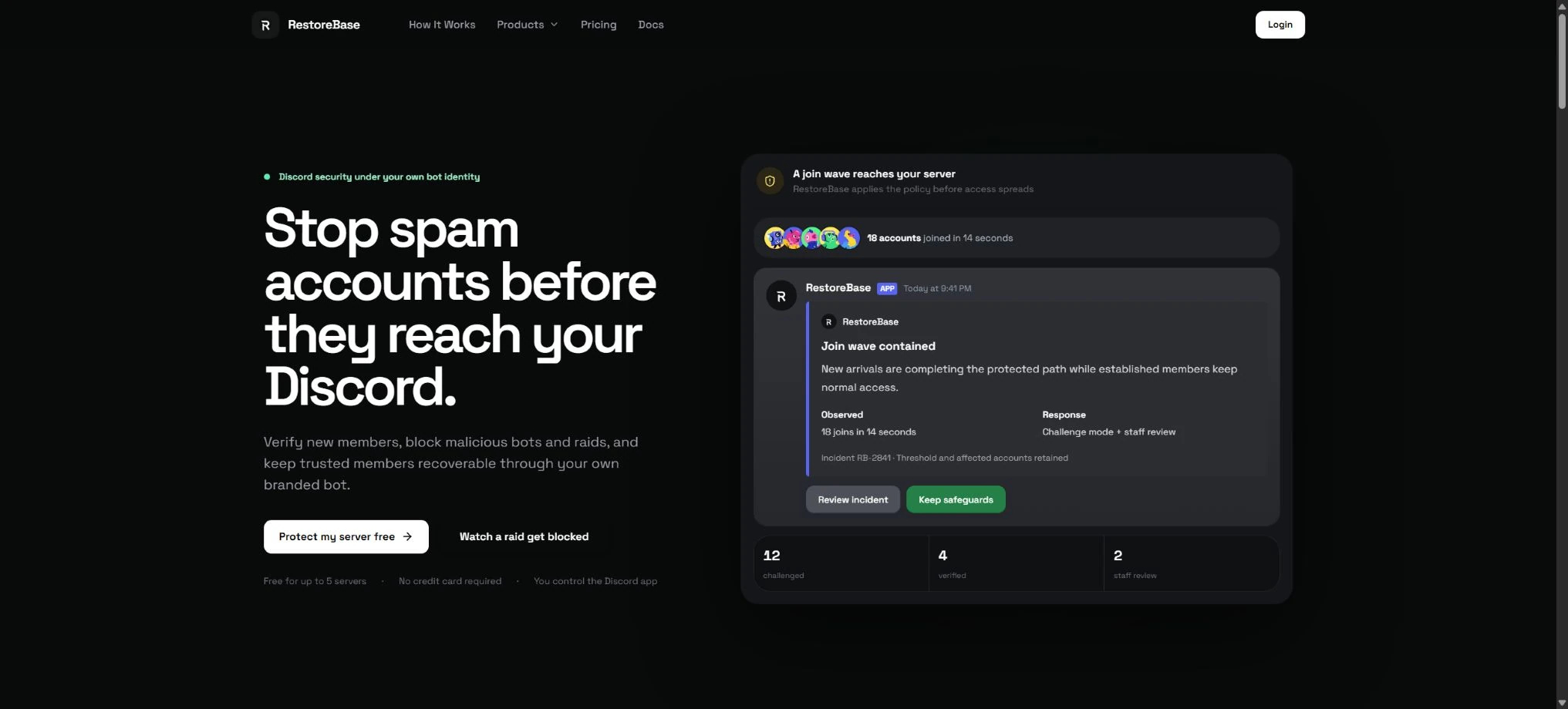 RestoreBase website with a dark interface, high-contrast type and a Discord-style incident preview.