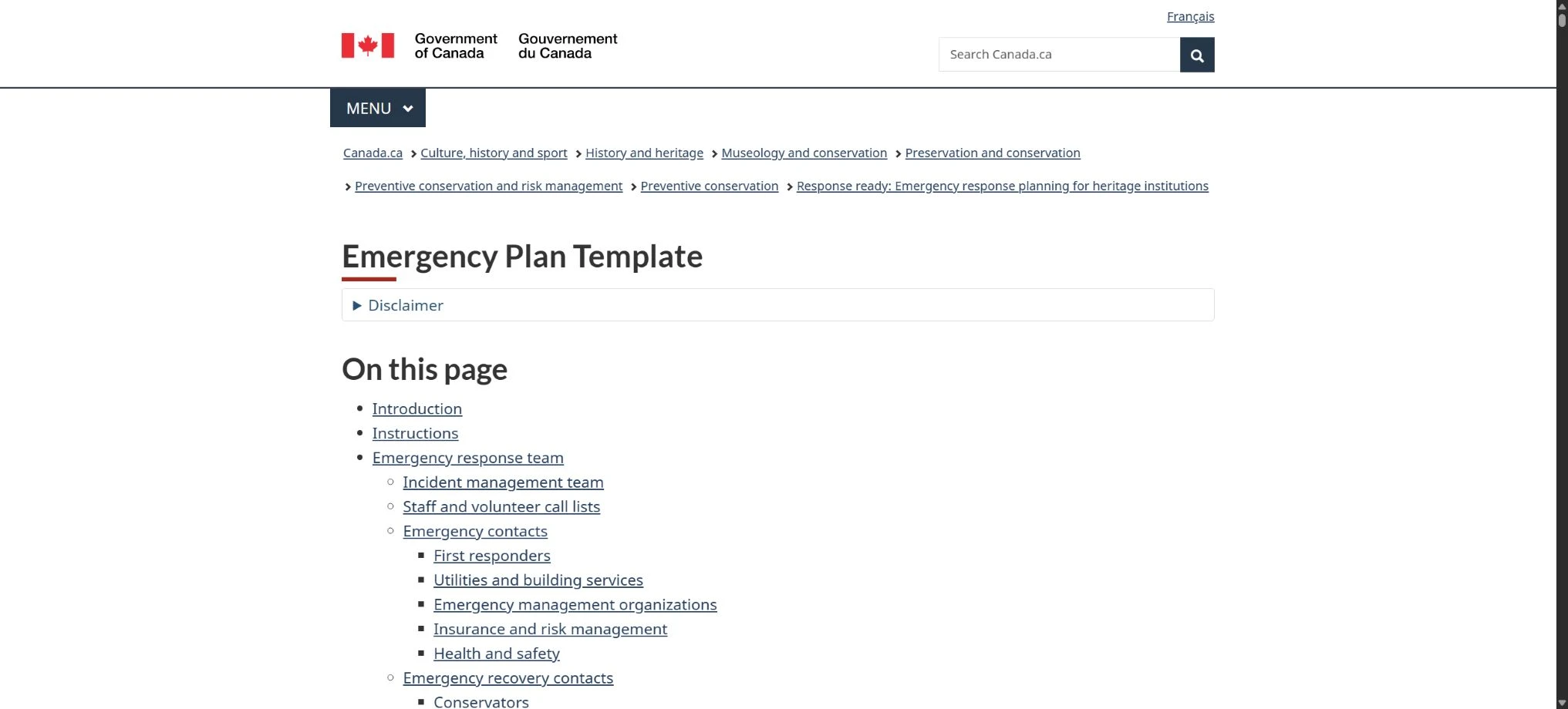 Emergency Plan Template with its contents list and introductory instructions.